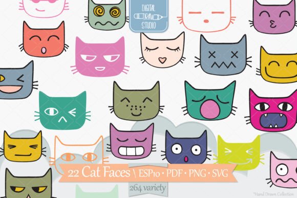 Funny Cat Faces Color Kawaii Feline Graphics and Illustrations