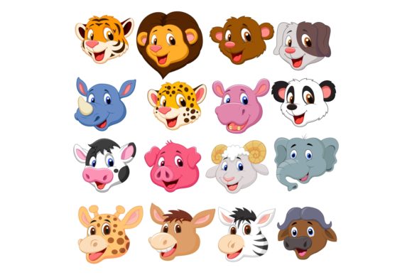 Set of Sixteen Cute Head Animals Bundle: Graphics & Illustrations for Makers