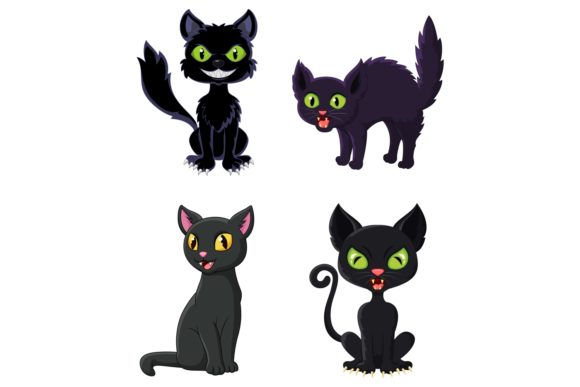 Set of Thirteen Cartoon Black Cats Graphics for Illustrations